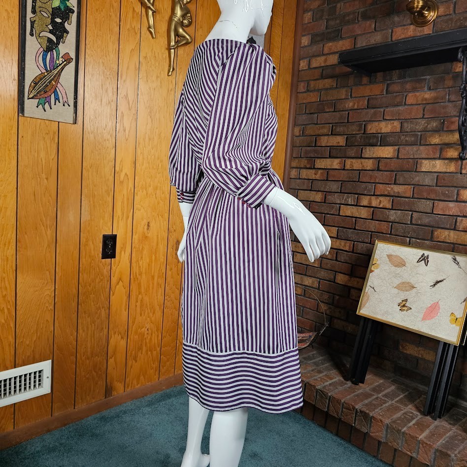 Vintage 80s Contrast Stripe Puff Balloon Sleeve Secretary Office Day Dress XS/S