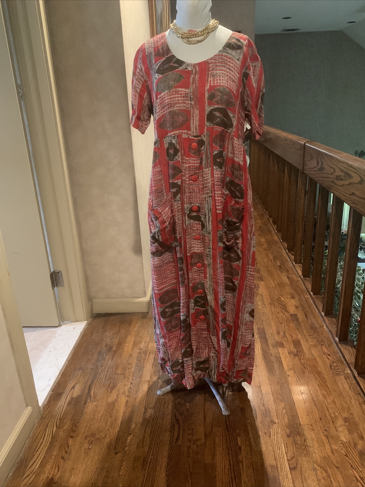VINTAGE RABBIT DESIGNS ROOMY BOHO SHORT SLEEVE POCKETS MULTI COLOR DRESS SZ. M