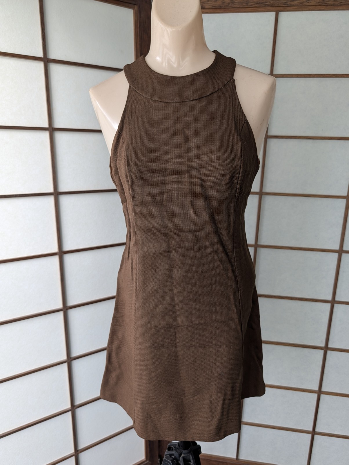 Vintage Brown Tweed Mini Dress Summer Sun Halter Open Back 1970s ILGWU Sz XS