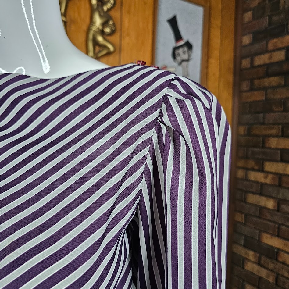 Vintage 80s Contrast Stripe Puff Balloon Sleeve Secretary Office Day Dress XS/S