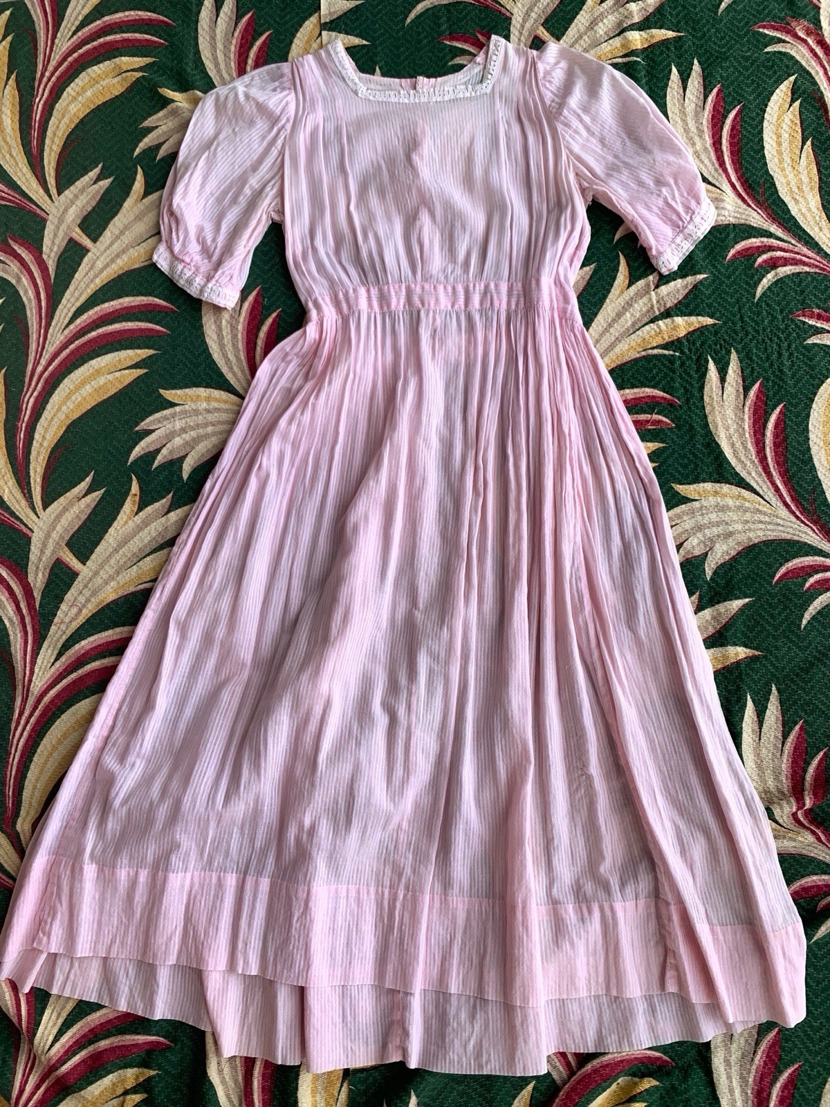 Antique 1910s Edwardian Pink Stripe Cotton Dress Puff Sleeves Button Back Size M