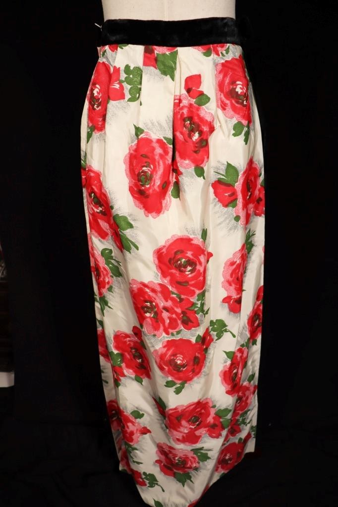 Vintage 1960&rsquo;s Long Satin Taffeta Rose Floral Print Skirt 27&Prime; Waist Exc Cond