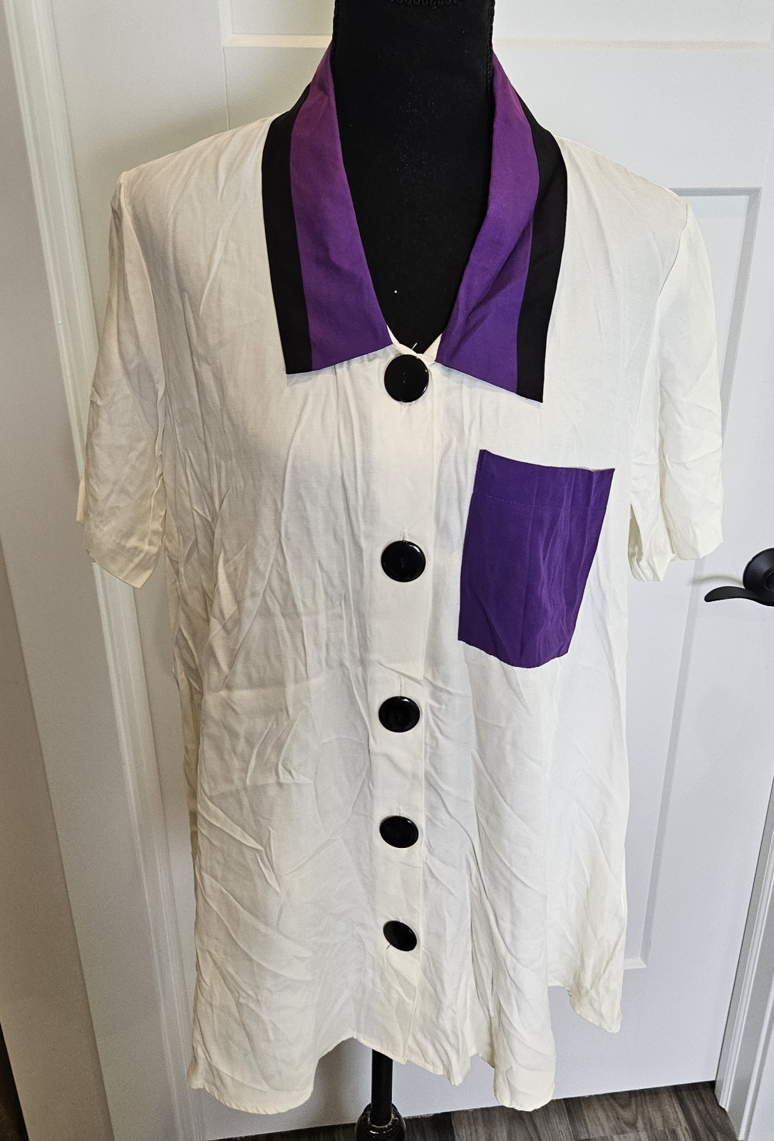 VTG 80s/90s Style My Way Color Block Women&rsquo;s White & Purple Button Up Blouse EUC
