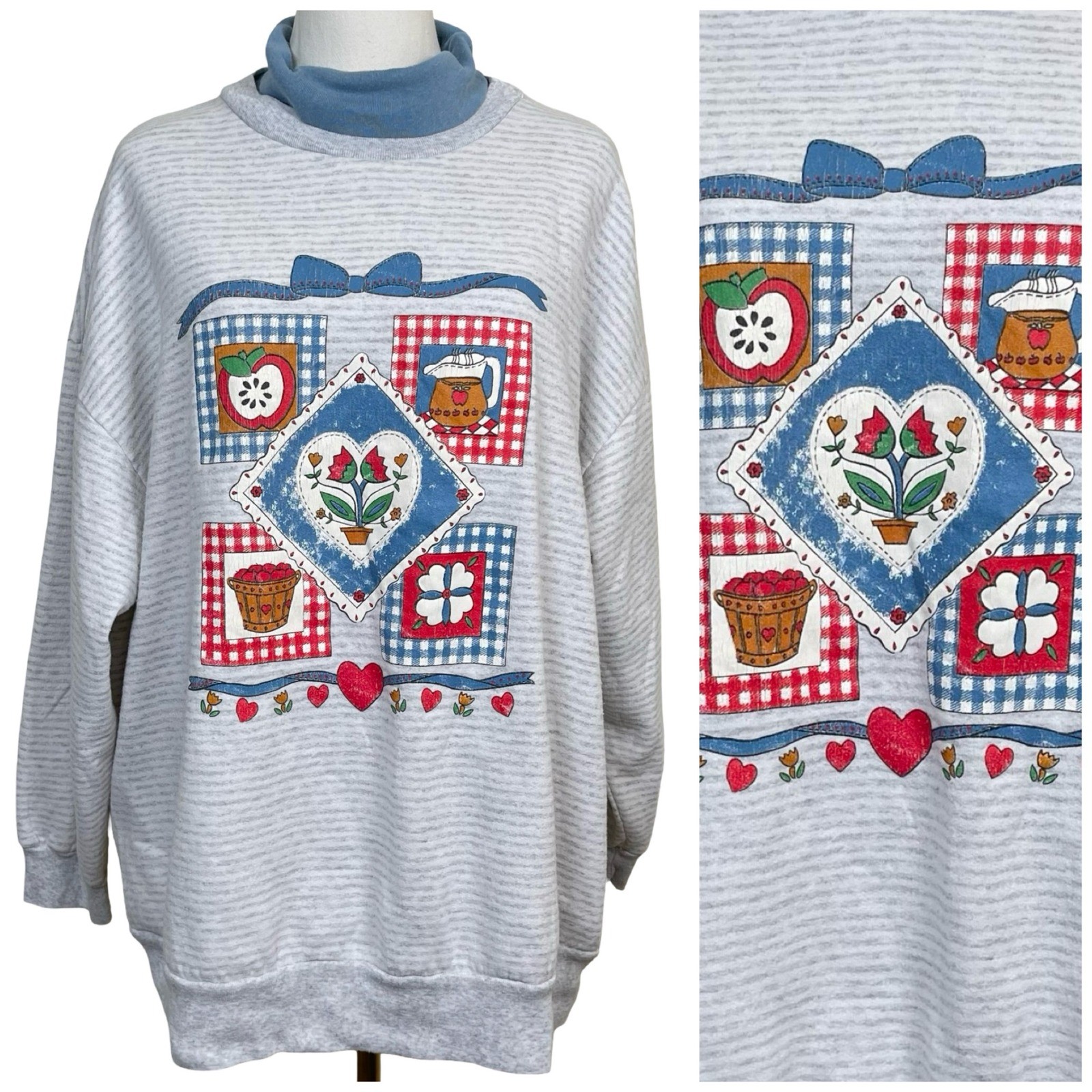Vintage Separate Issue Sweatshirt XL Gray Cottagecore Mock Neck Hearts 80s