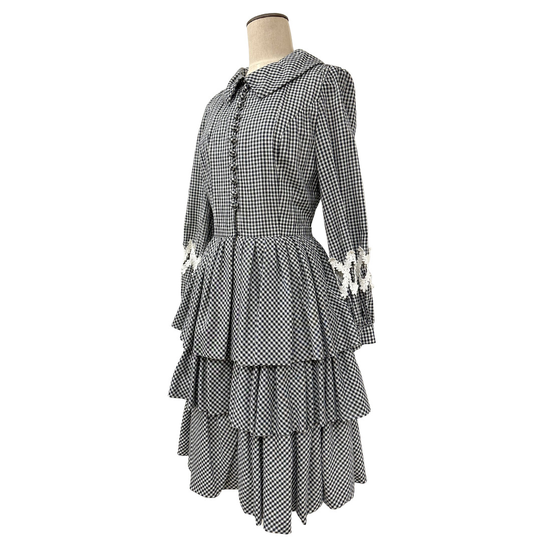 Vintage 1970s Gingham Black & White Layered Tiered Open Front Cutout Sleeve Coat