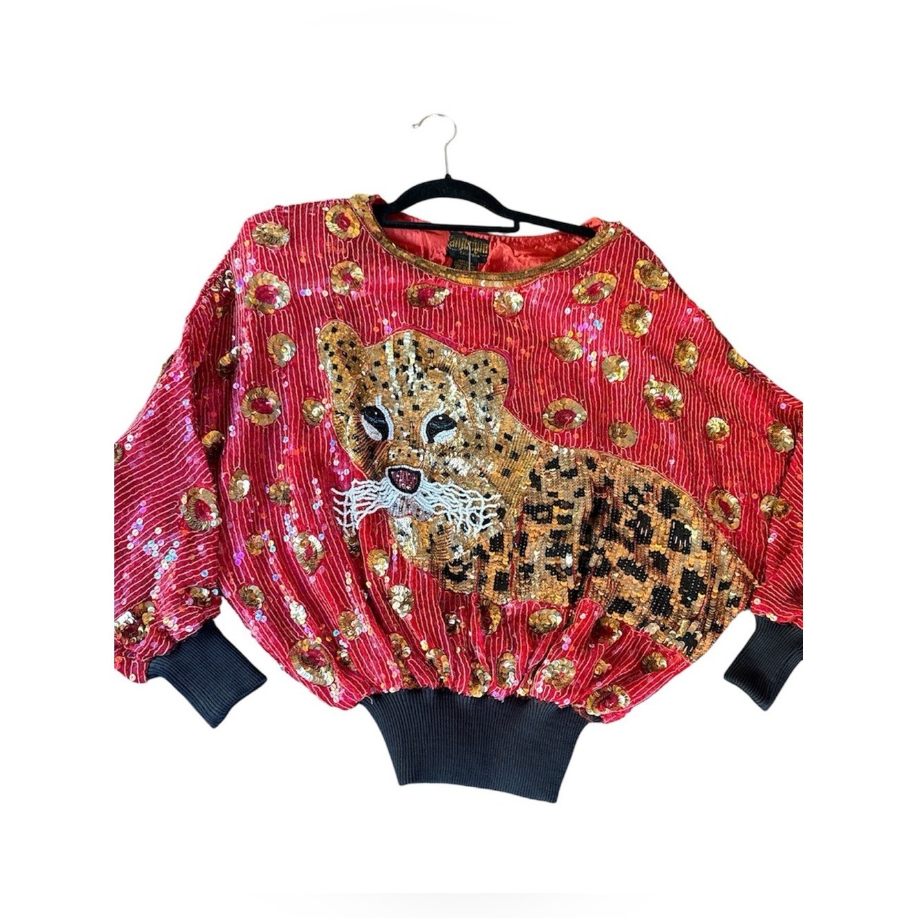 Anjumün 1980&rsquo;s vintage silk leopard sequin beaded embellished red top NWT Med