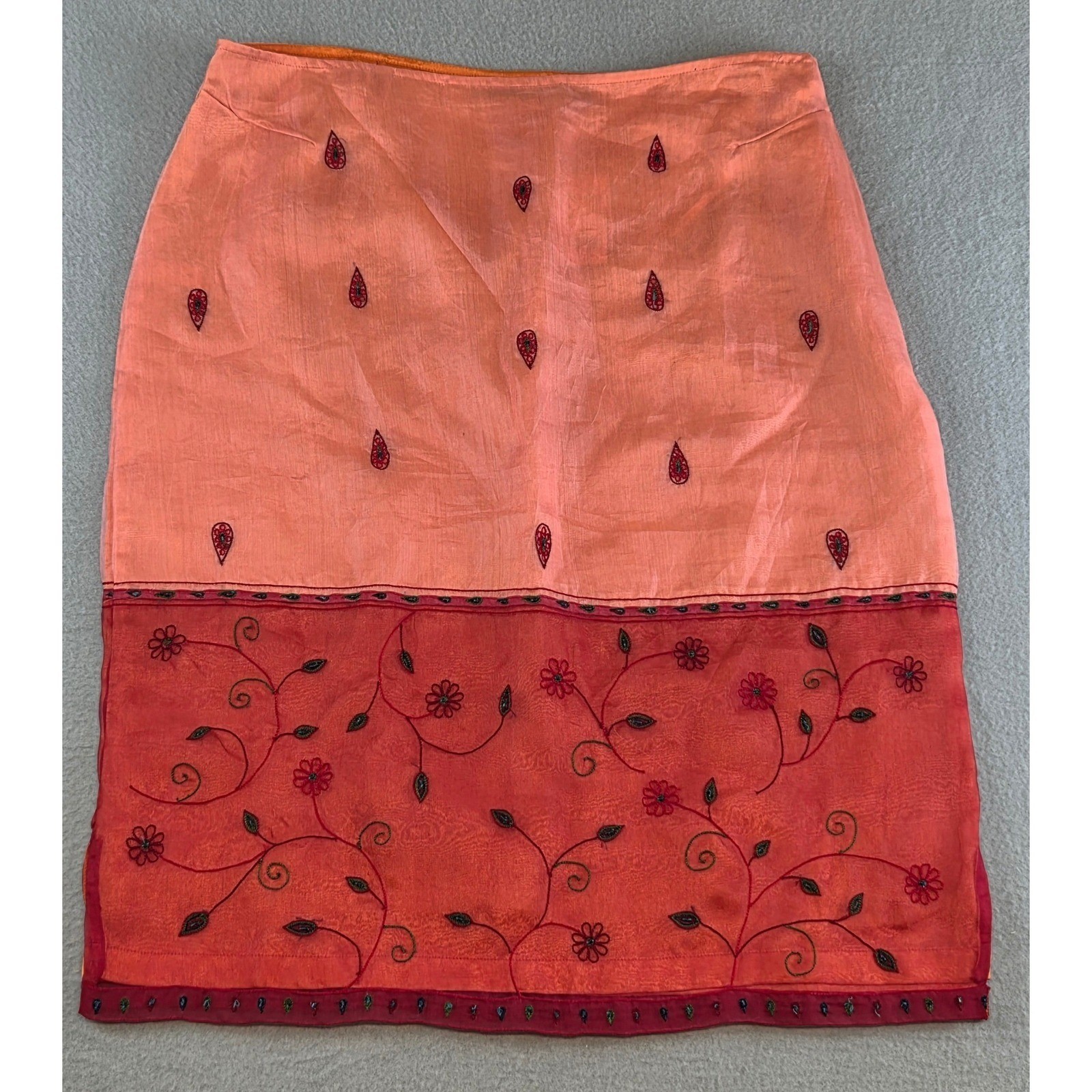 NWT 90&rsquo;s Vintage Y2K Express Silk Embroidered Skirt Whimsy Orange Red 13/14
