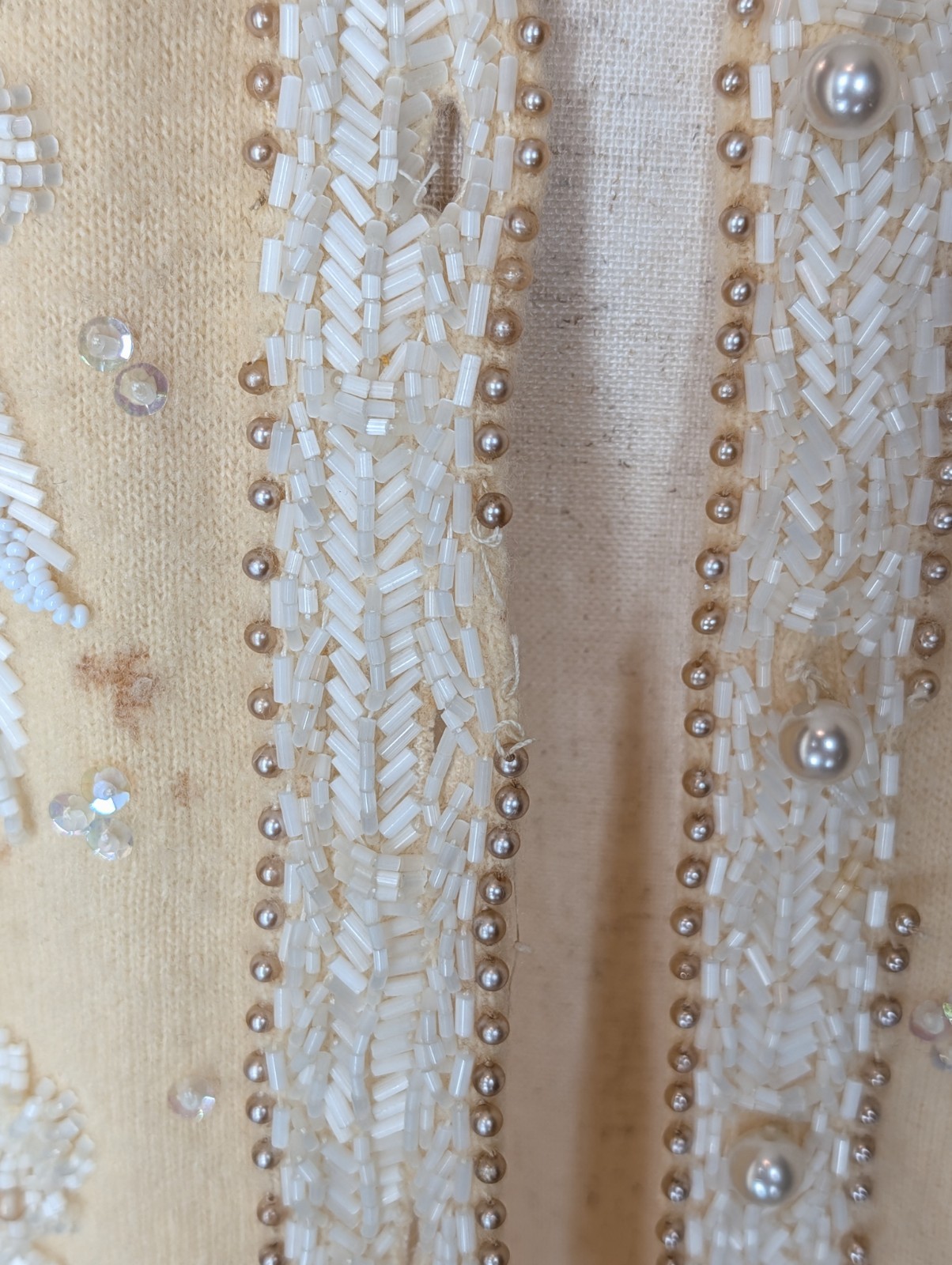 Vintage 1950s Hand Beaded Cardigan Cream With White Floral Beading Size Small
