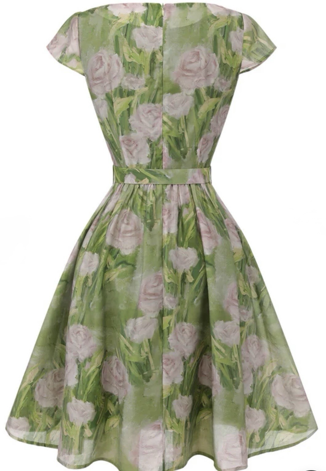 GREEN 1960S “OIL-PAINTING” ROSE DRESS- Size 14 women’s, BRAND NEW, W/Belt