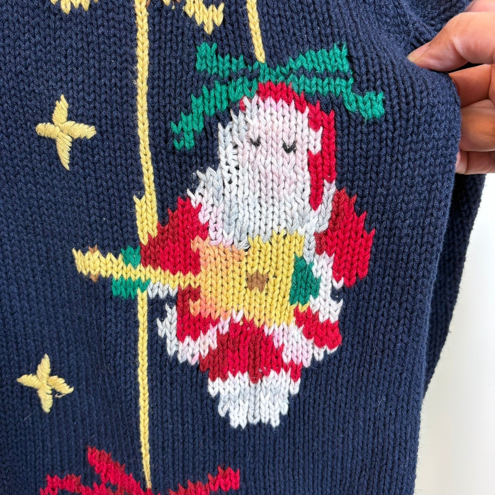 Alexandra Bartlett Vintage Navy Christmas Cardigan Santa Reindeer L Hand Made
