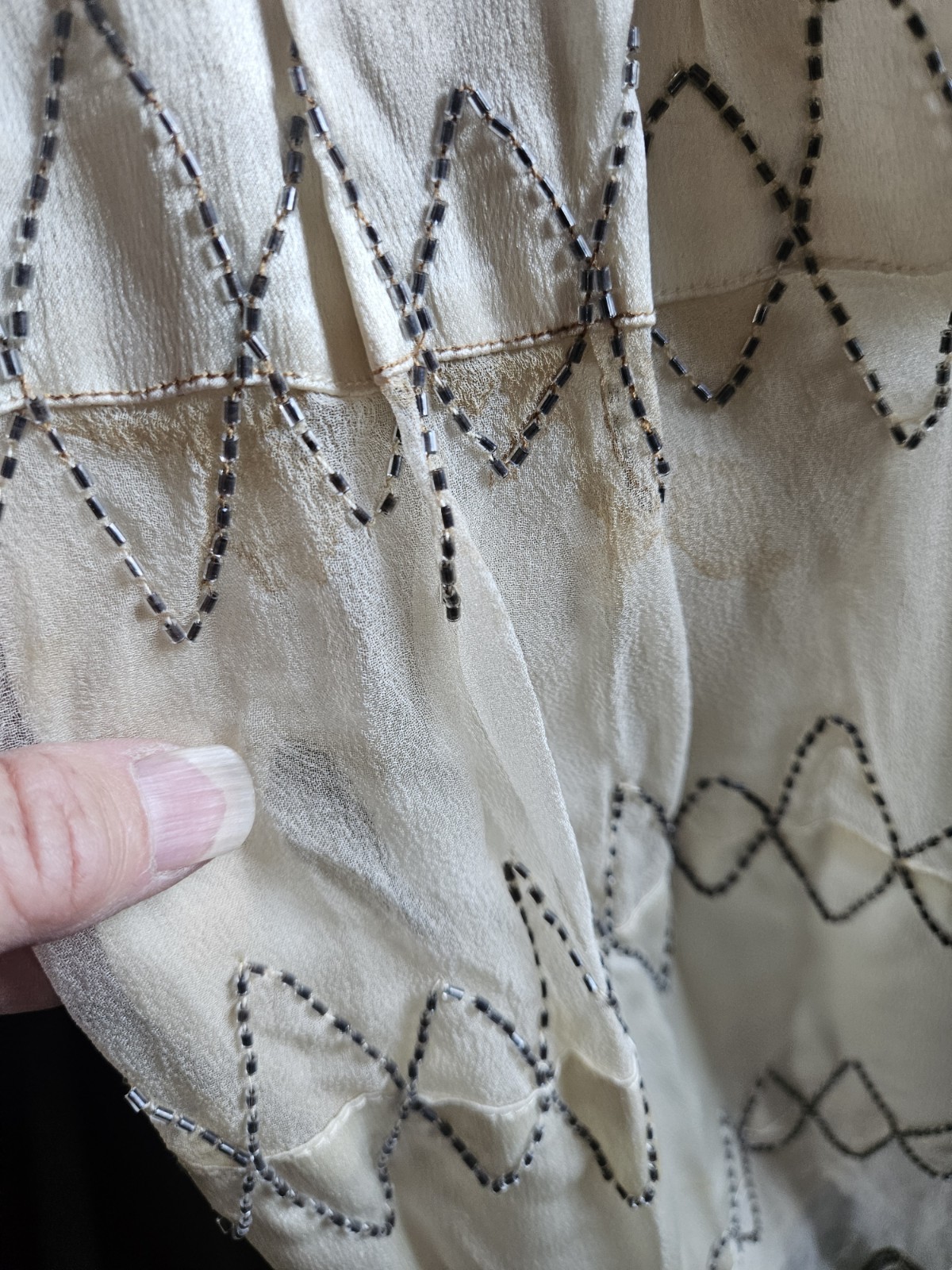 1920s Ivory Satin & Sheer Flapper Party Dress Metallic Beaded sleeveless