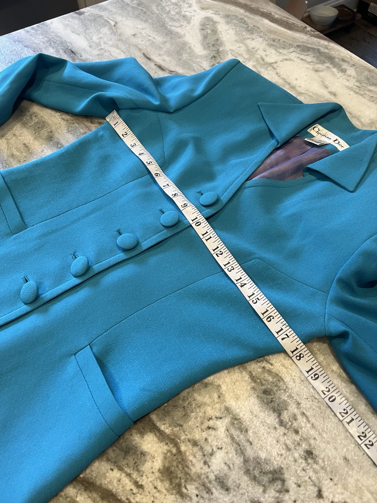 VTG Christian Dior Size 2 1980s 2Pc Turquoise Blue Skirt Suit Set