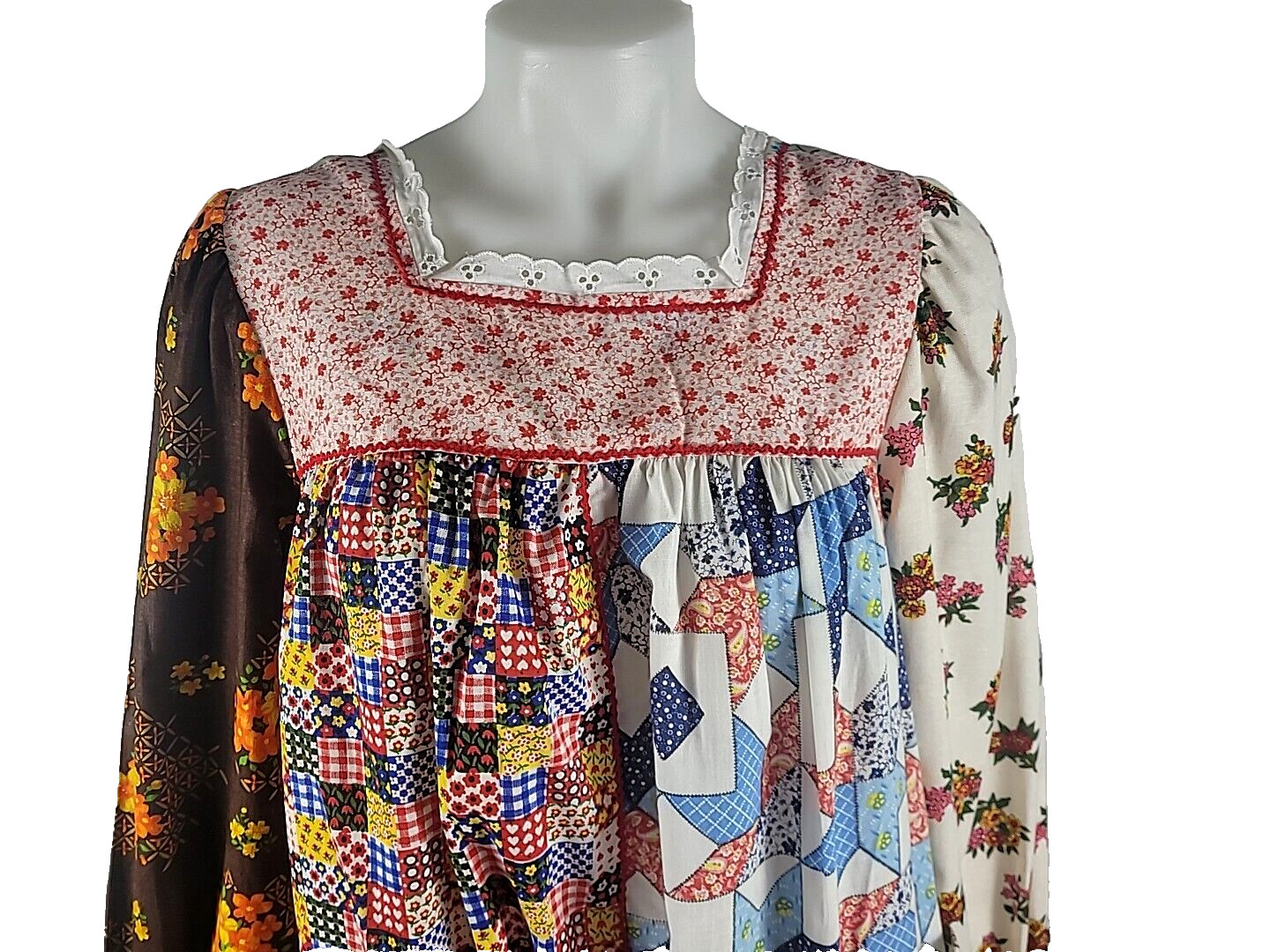 VTG NOS Buttrey&rsquo;s Mon Ami Patchwork L/S Floral Check Long Prairie Dress Small