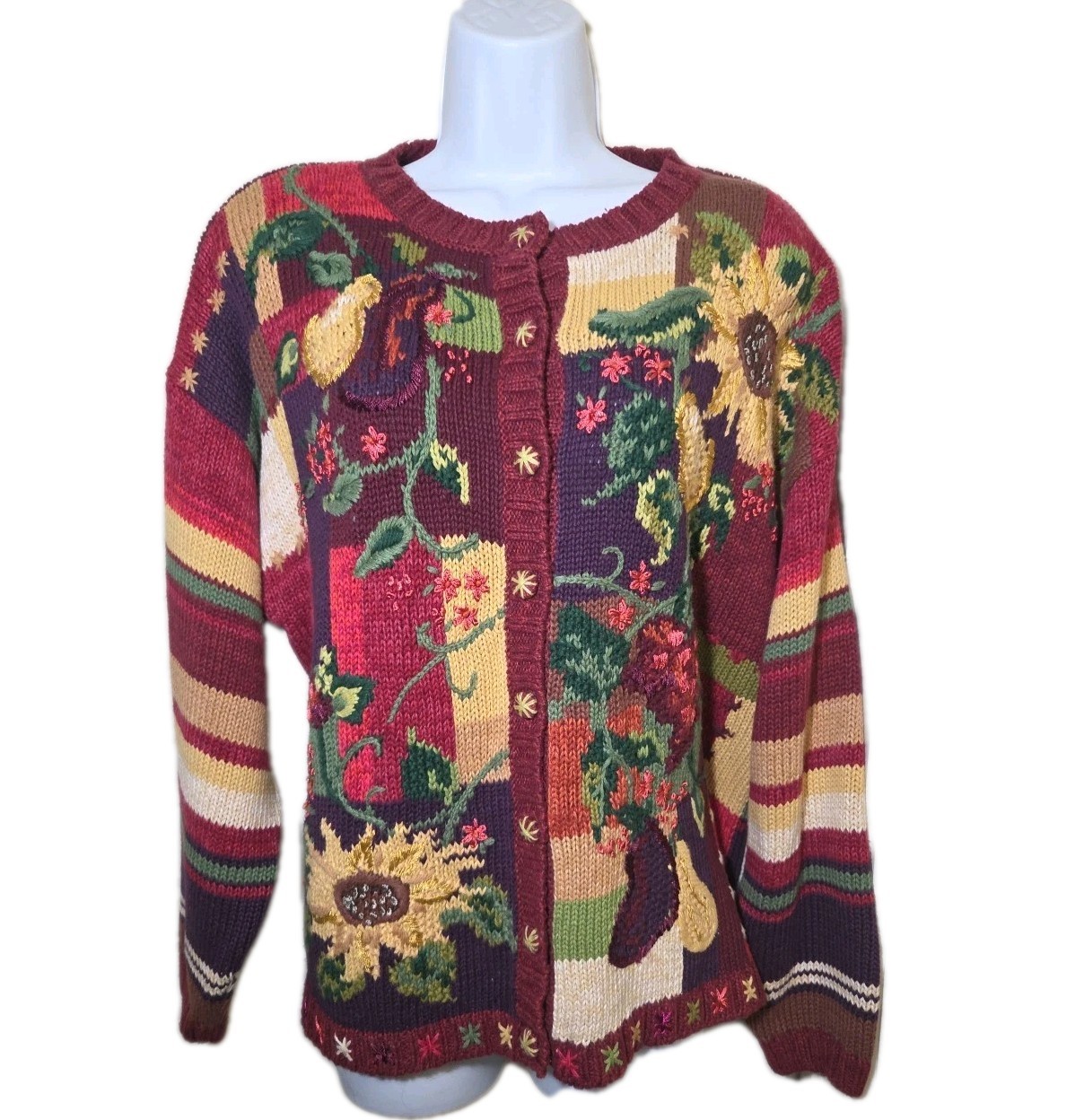 Vintage 2001 Tiara International Chunky Knit Cardigan Sweater Sunflower Fruit XL