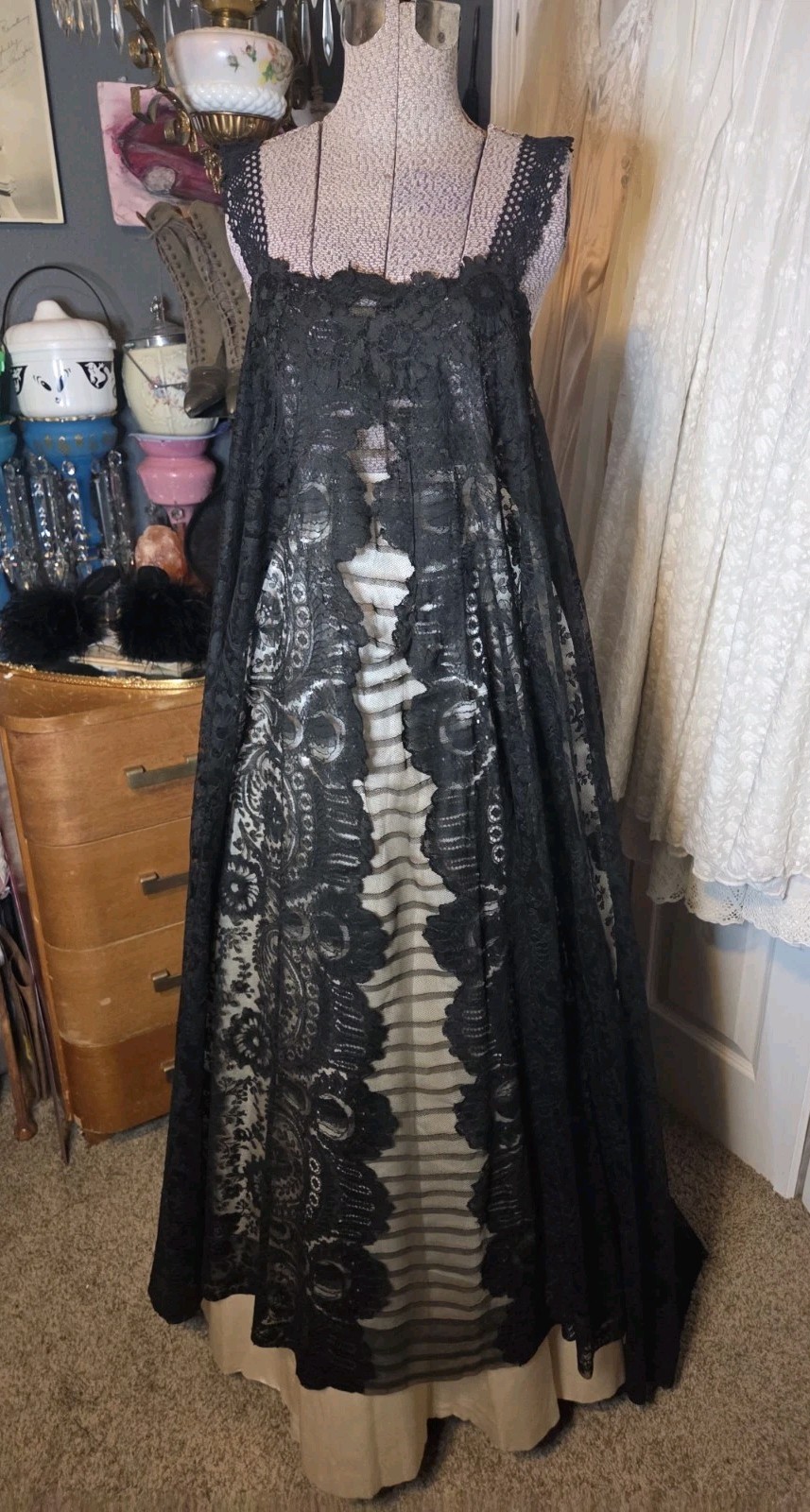 Exquisite Handmade Victorian Chantilly Nightgown/Negligee w/ Crochet Yoke