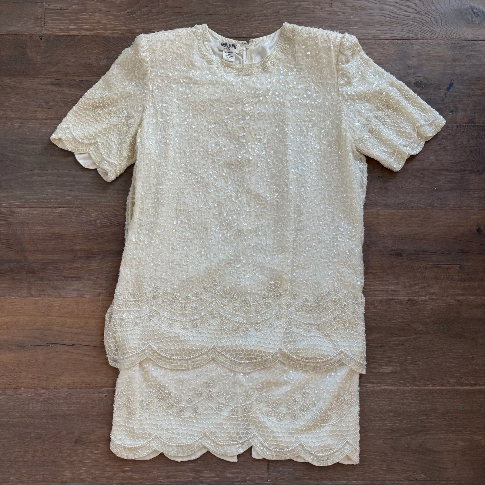 Brilliante 100% Silk Beaded Sequined Dress Scalloped Hem, 80s Vintage Glamour, B