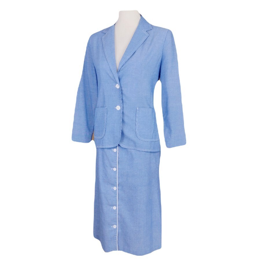 VTG RRRRuss Russ Togs Lightweight Cotton Blend Blue Blazer Skirt 2 Piece Set S