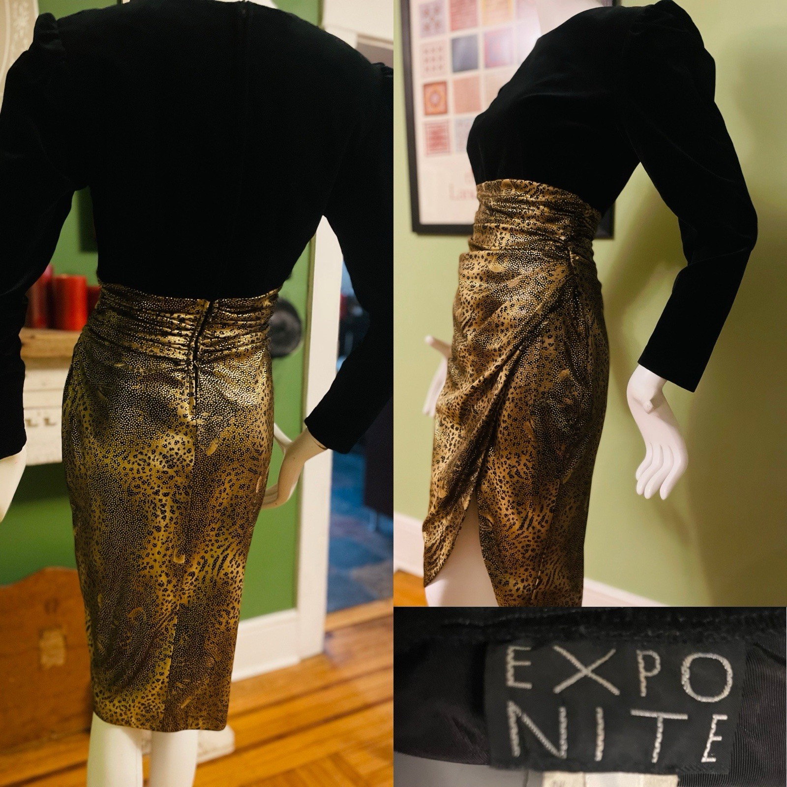 Vintage 90s EXPO Body Con Ruched Stretch Leopard Blk Velvet Party Dress 38 Bust