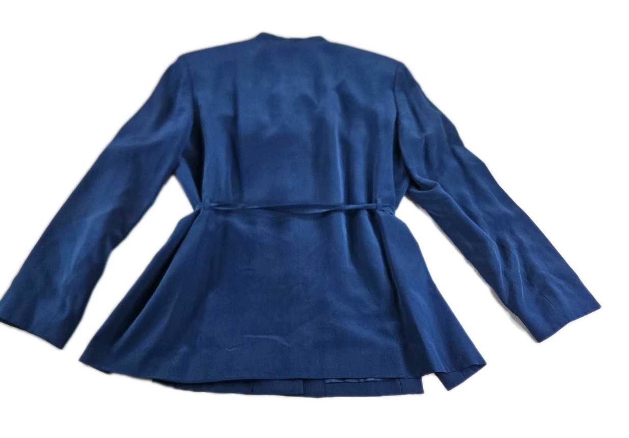 Vtg 90&rsquo;s Patrick Collection 100% Silk Pant Suit Women 12 Blue Shoulder Pad Read