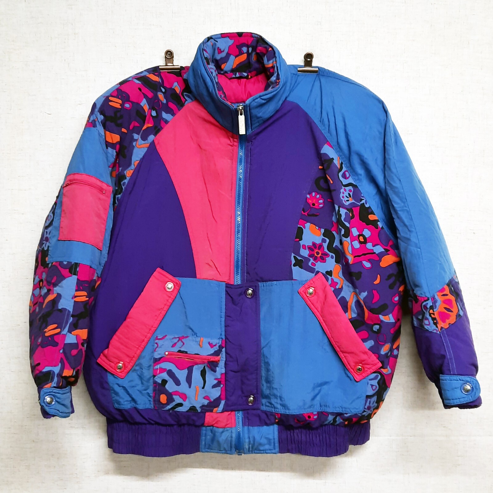 Vintage 1980s Nine Below Ski Jacket Down Coat Color Block Pink Purple Blue
