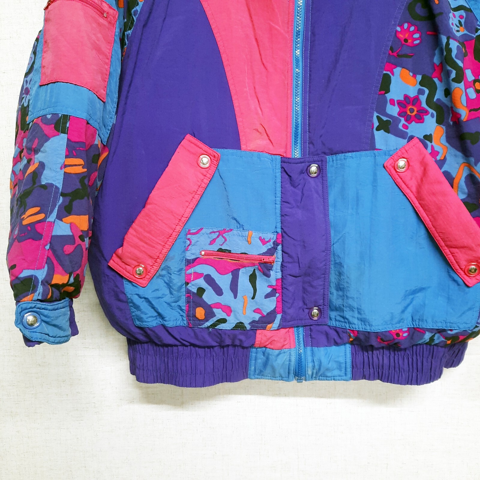Vintage 1980s Nine Below Ski Jacket Down Coat Color Block Pink Purple Blue