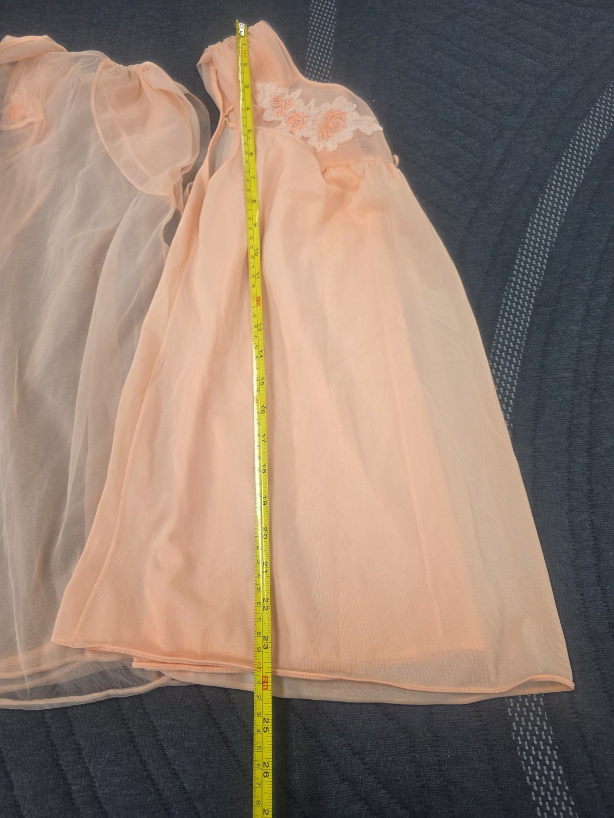 Vtg Babydoll Peignoir Set Peach Pandora Lingerie Robe Chiffon Sheer 100% Nylon