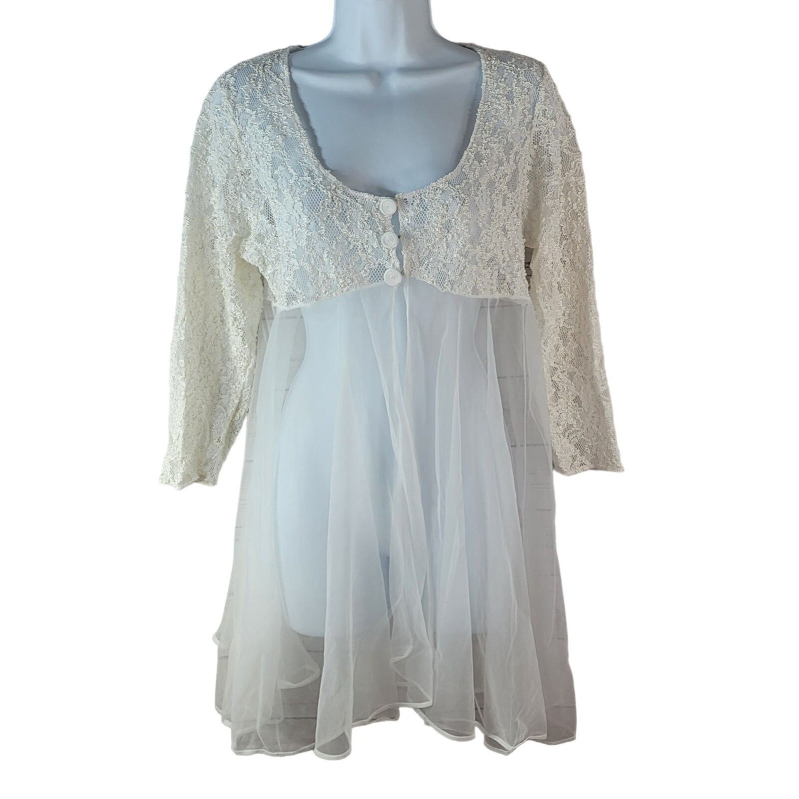 Val Mode Short Sheer Robe White Medium Button Bridal Chiffon Lace Peignoir VTG