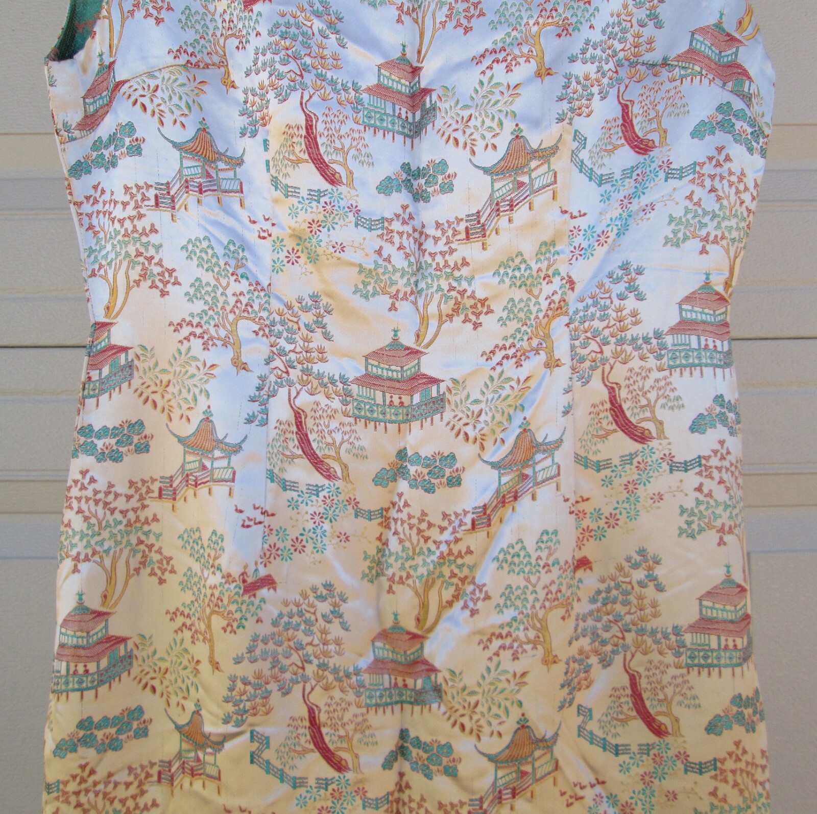 Asian Silky Cocktail Dress Peach Red Yellow Turquoise Blue Landscape Vintage