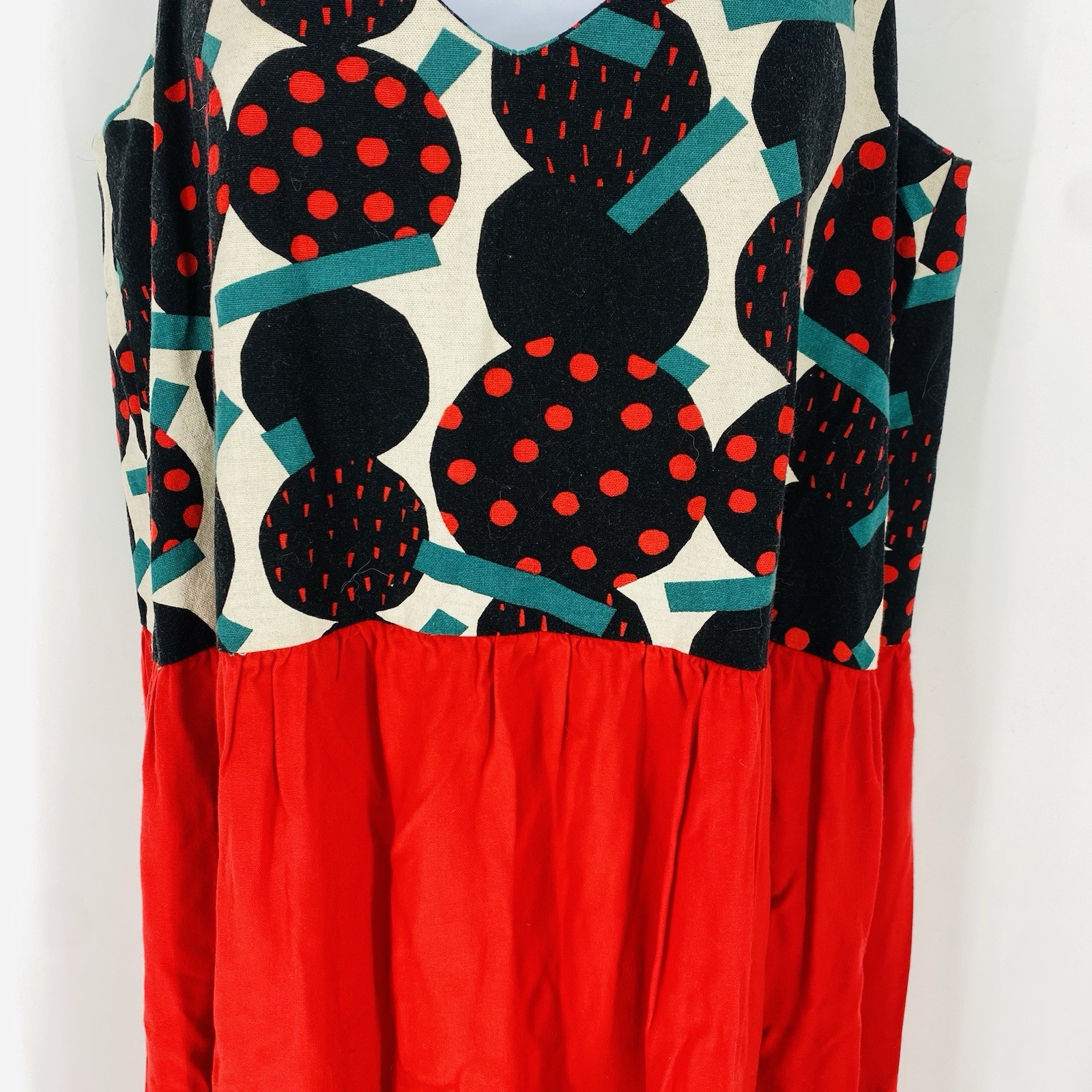 Vintage Handmade V Neck Maxi Dress Red Modern Print Tiered Skirt Size L