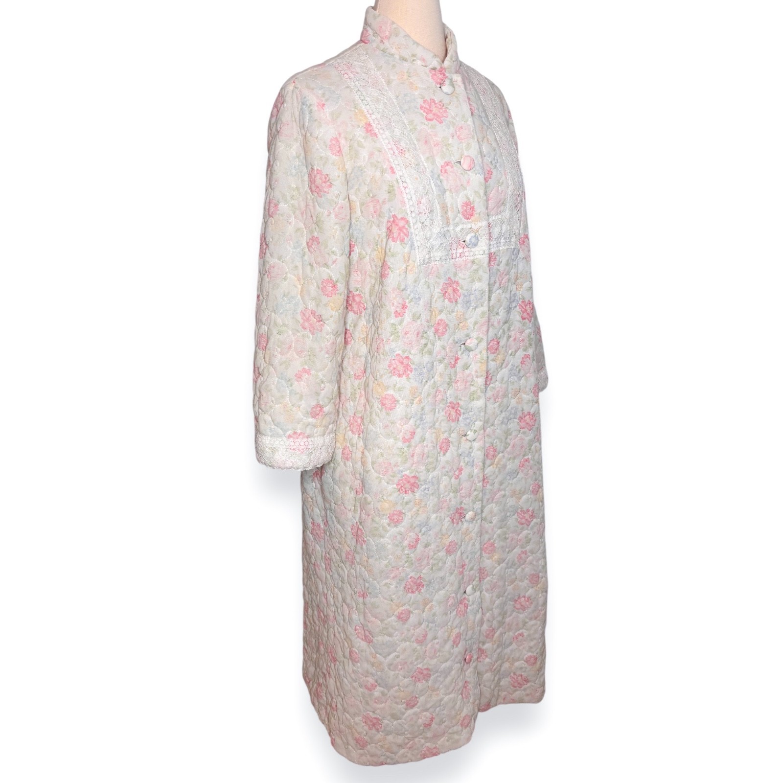 Vintage Sears At Home Wear Quilted Floral Button Front Ivory Pink Robe Housecoat