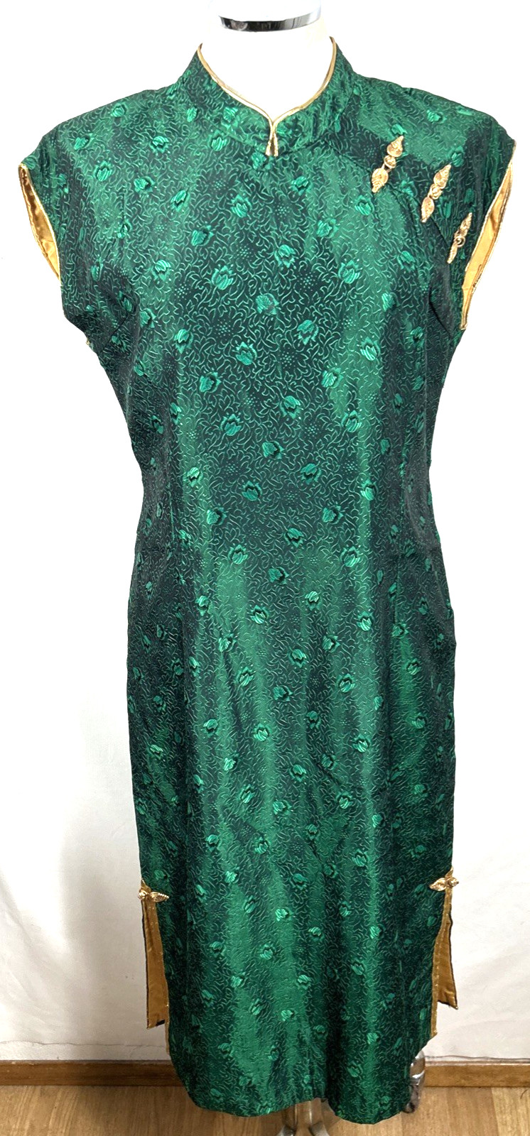Asian Cheongsam Dress Green Gold Sz M Zip Closure Fully Lined Vintage