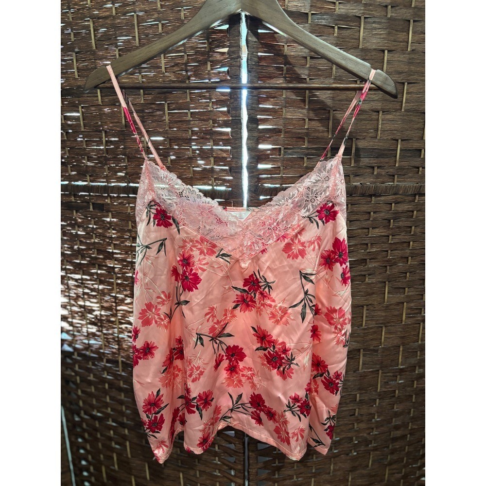 Marilyn Monroe Intimates Pink Floral Satin Cami Top with Lace Trim – Size L Y2K