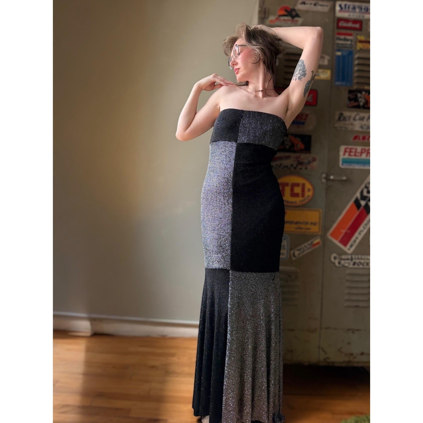 Vintage 90s Silver Strapless Gown | Black Gray Metallic Mermaid Maxi | L