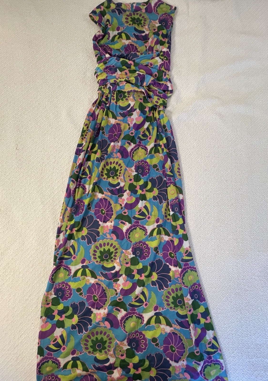 Vintage 60-70s Era Midge Grant Blue Multicolor Floral Sleeveless Maxi Dress 10
