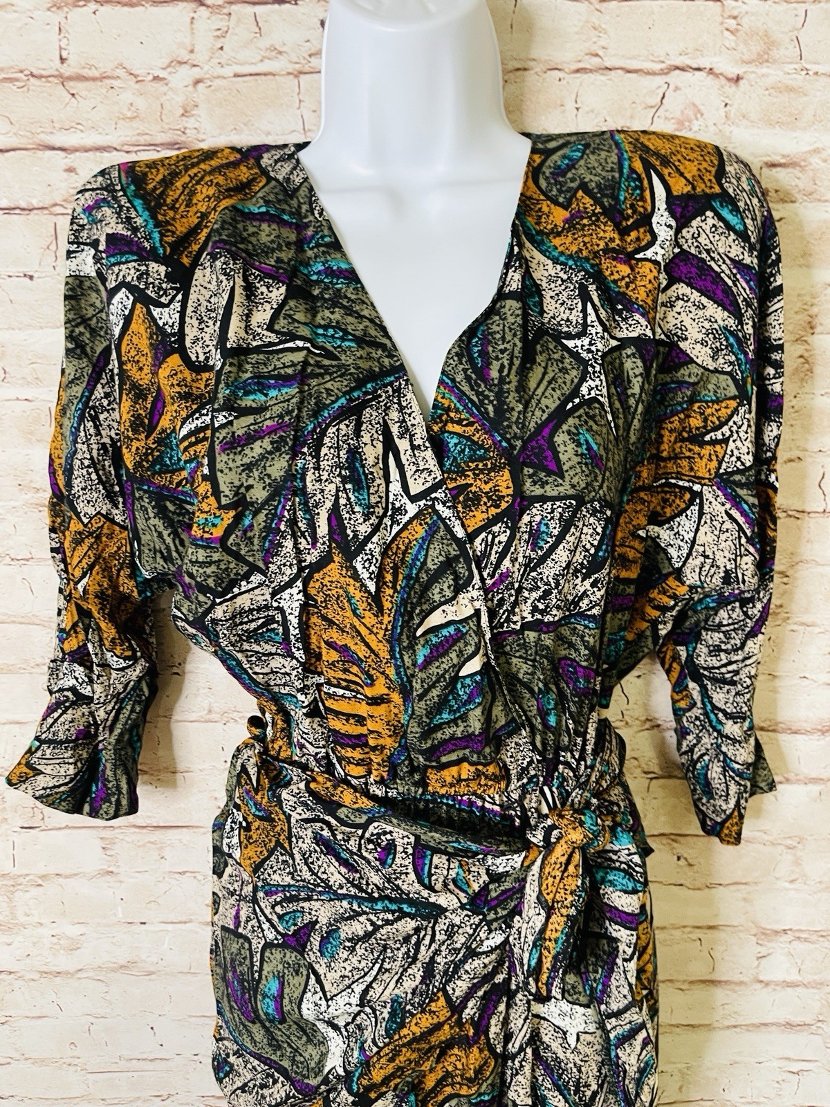 Vintage 80&rsquo;s Mod Abstract Leaf Print Dress John Richard Shoulder Pads 7/8
