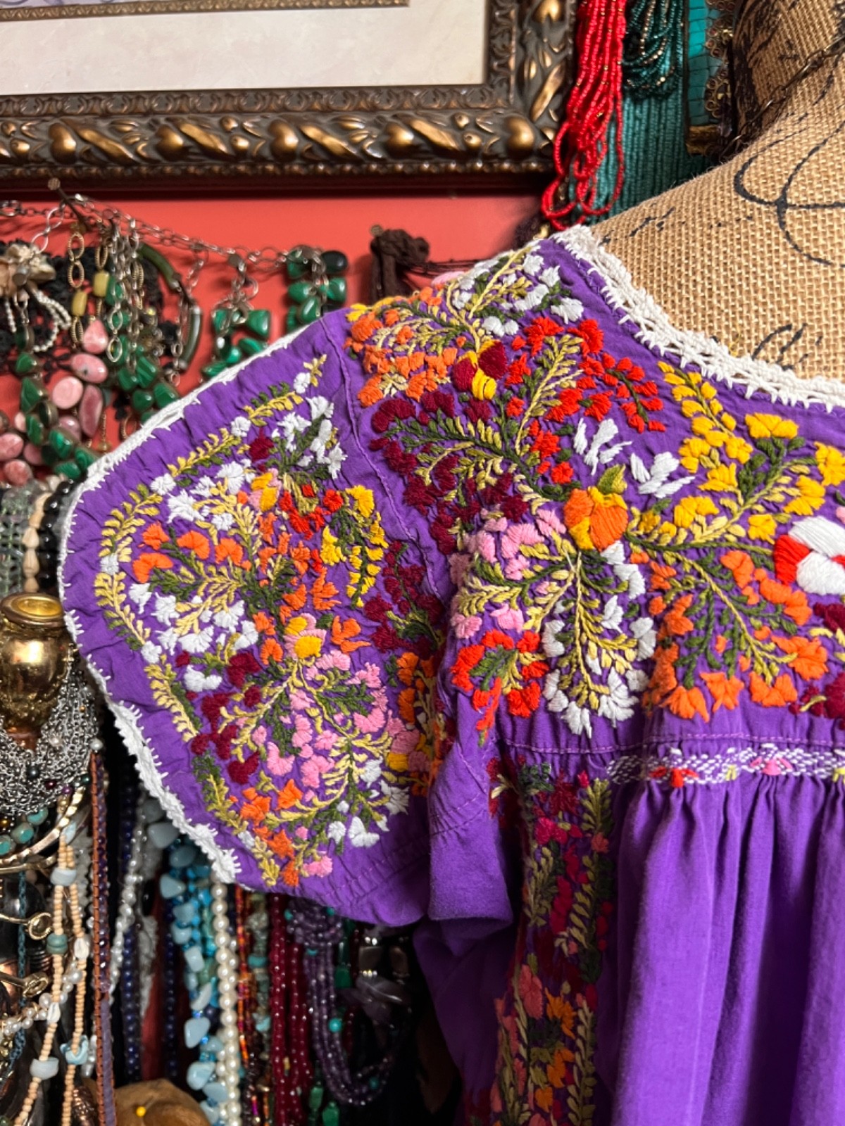 Beautiful Purple Mexico Oaxaca Multi Color Cotton Embroidery White Crochet L/XL