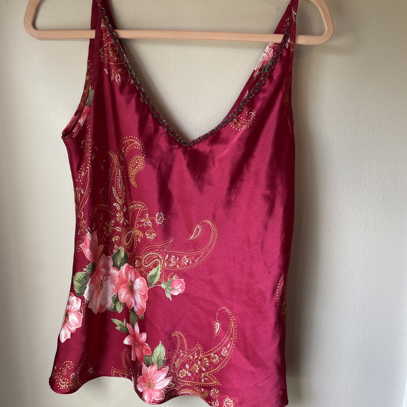 Vintage California Dynasty Polyester Satin M Floral Camisole Cami Tank USA 1980s