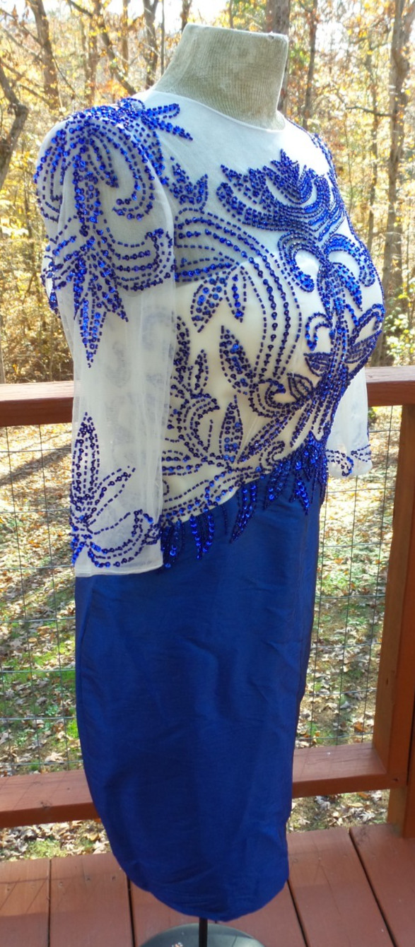 Vintage GARDENIA Blue Sequin Beaded Formal Cocktail Party Dress M/L