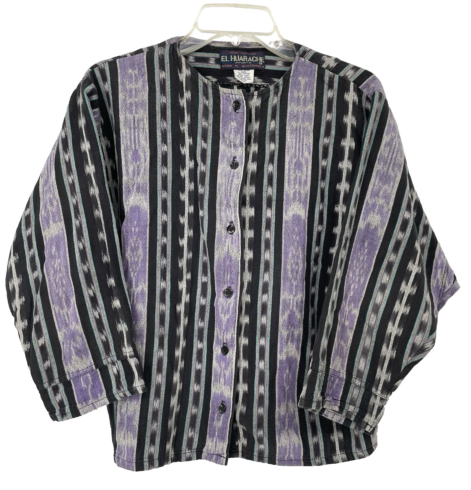Vintage 80s Ikat Aztec EL HUARACHE Hand Woven Cotten Hippie Boxy Shirt Top med