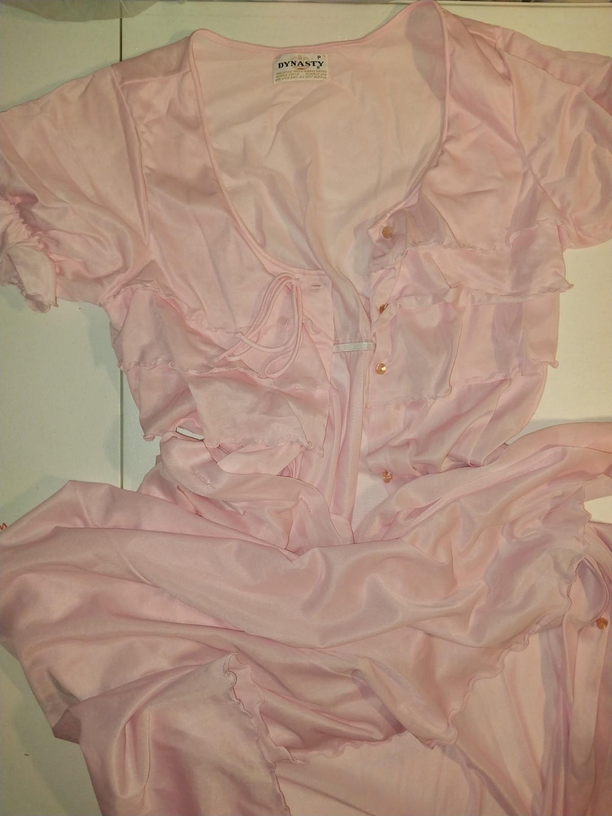 VTG Silky Nylon Pink Sissy Layer Ruffles Sleep nightie robe LONG 50S P/S 36&Prime; NEW