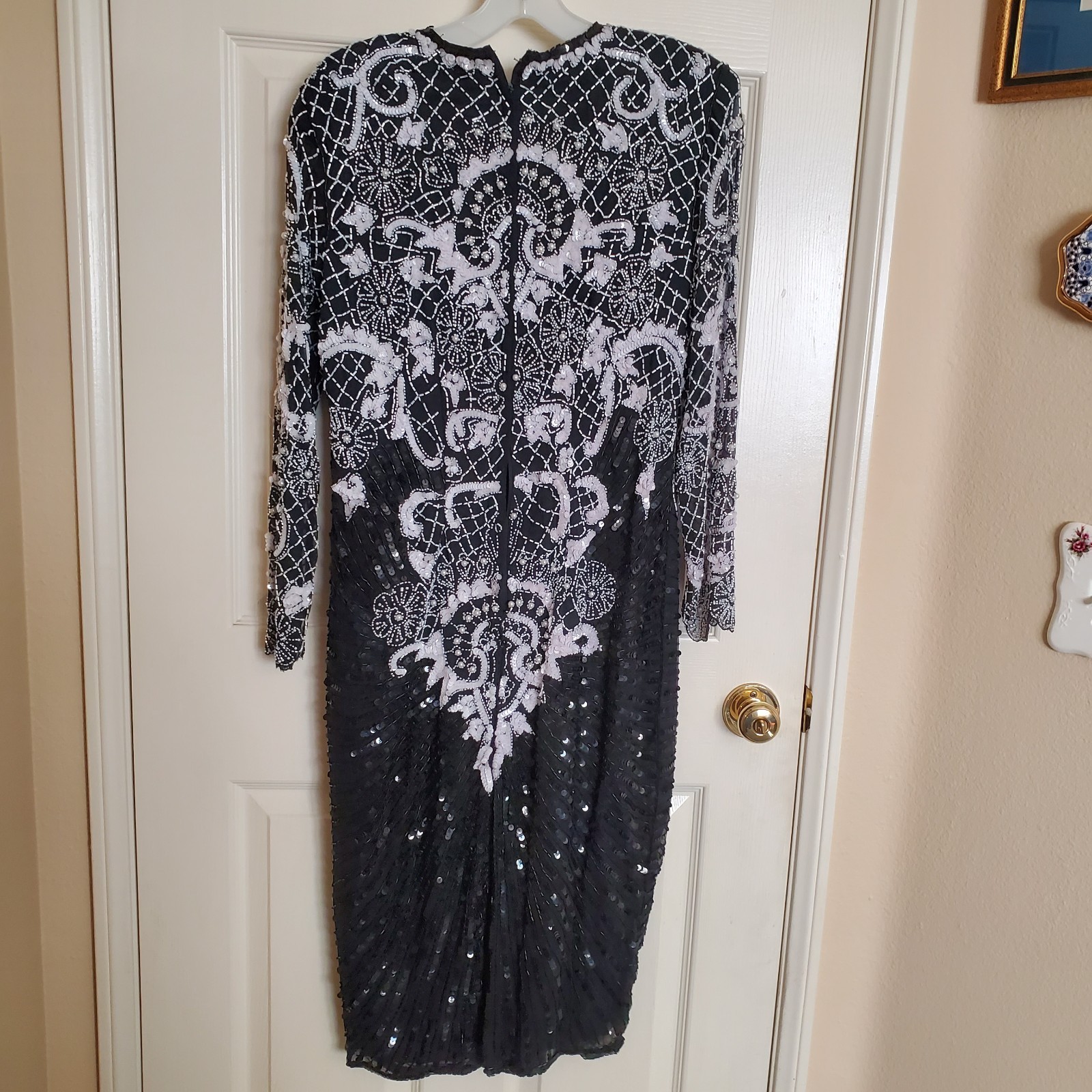 Vintage Swee Lo Silk Beaded Sequins Black/White Cocktail Evening Dress PM As Is