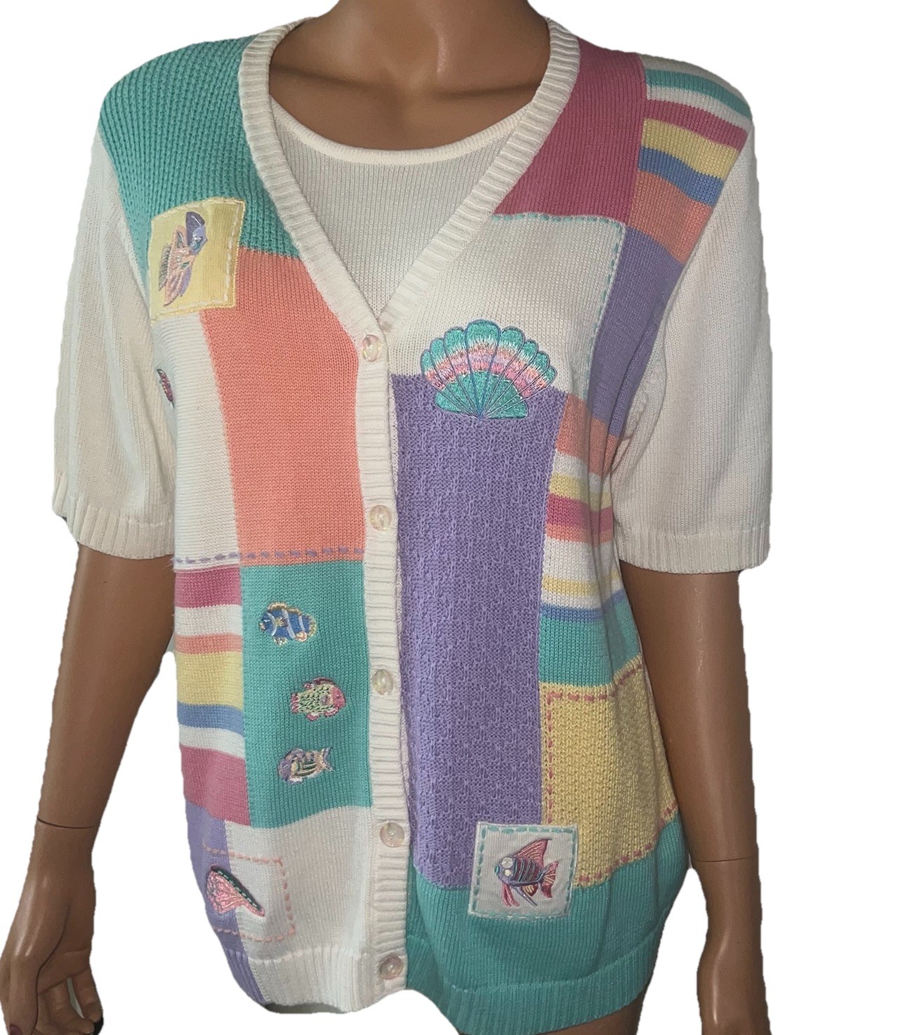 Vintage Seashell Cardigan Sweater M Pastel Colorblock Fish Grannycore