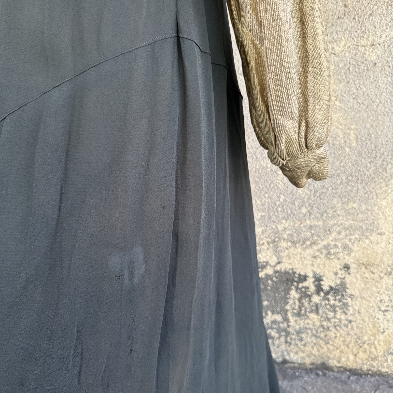 Vintage 1930s Black Silk Dress Silver Lamé Balloon Sleeves Metal Bead Accents