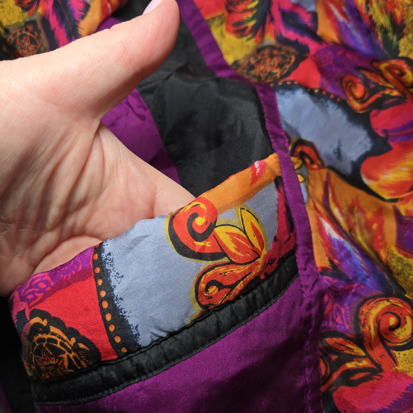 Vtg 90s Silk Bomber Jacket Abstract Geometric Distressed Thrashed Eclectic