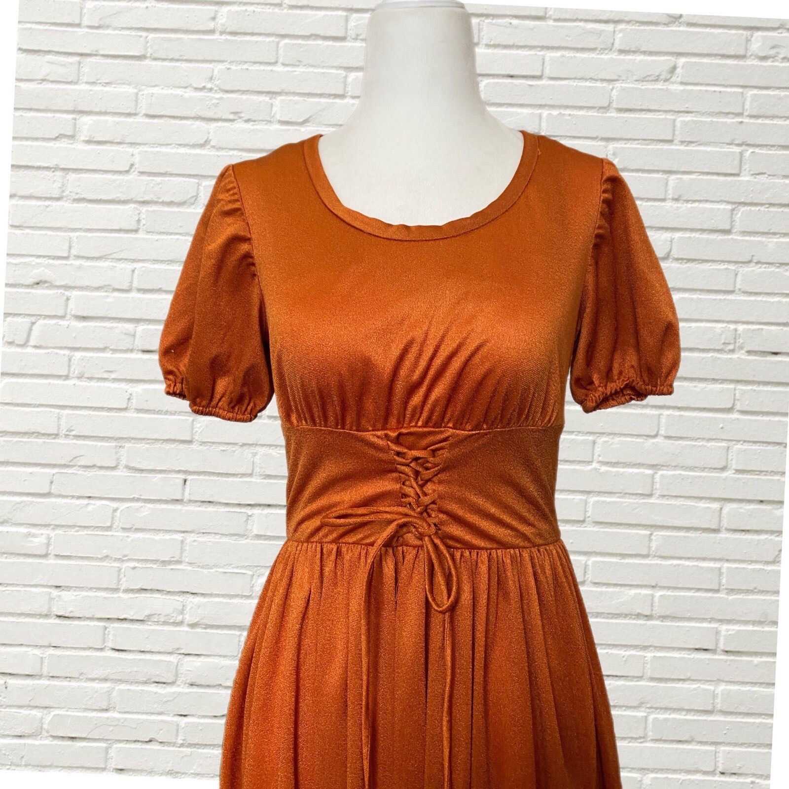 Vintage 60s70s Maxi Corset Dress Copper Ruffle Hem Metallic Dress Xs Hippie