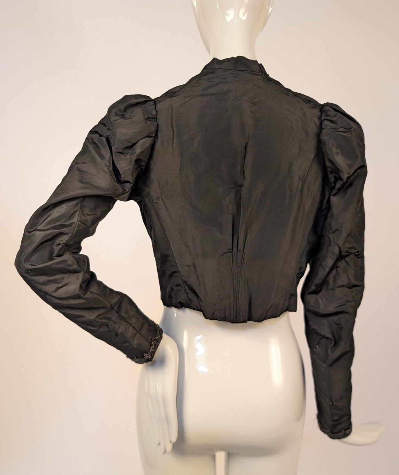 GOTHIC VICTORIAN 1890’S BLACK SILK BODICE W JET BEADING + LACE RUFFLES