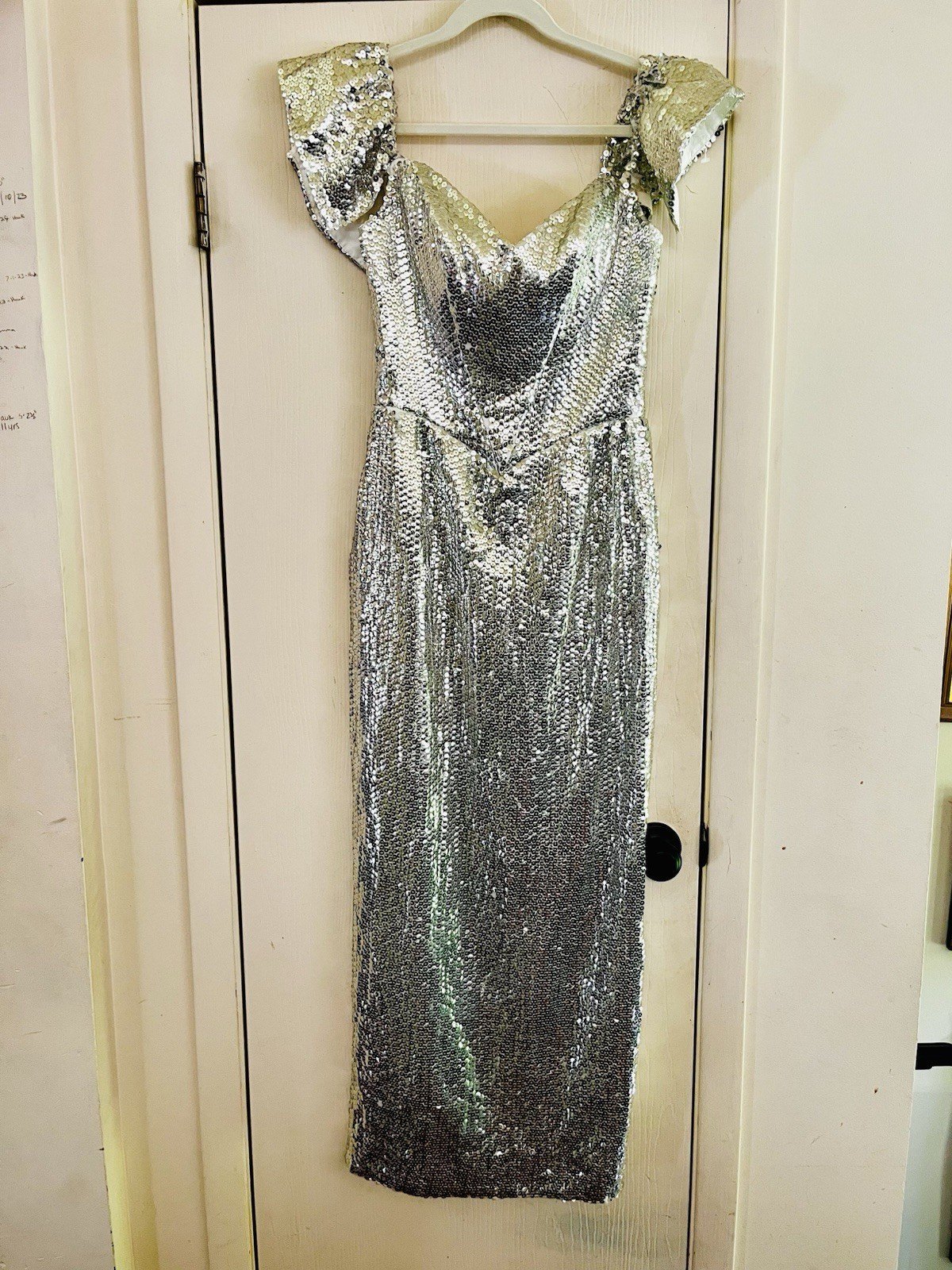 VTG Sequin Wedding Guest Prom Glam 1950s Style Silver Party Gown M