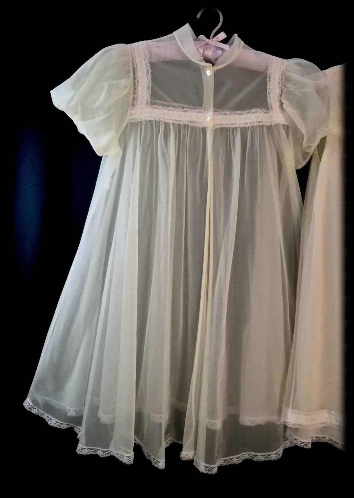 2pc Vintage YELLOW Nightgown PEIGNOIR Robe Set SHEER Chiffon BABYDOLL Dress XS/S