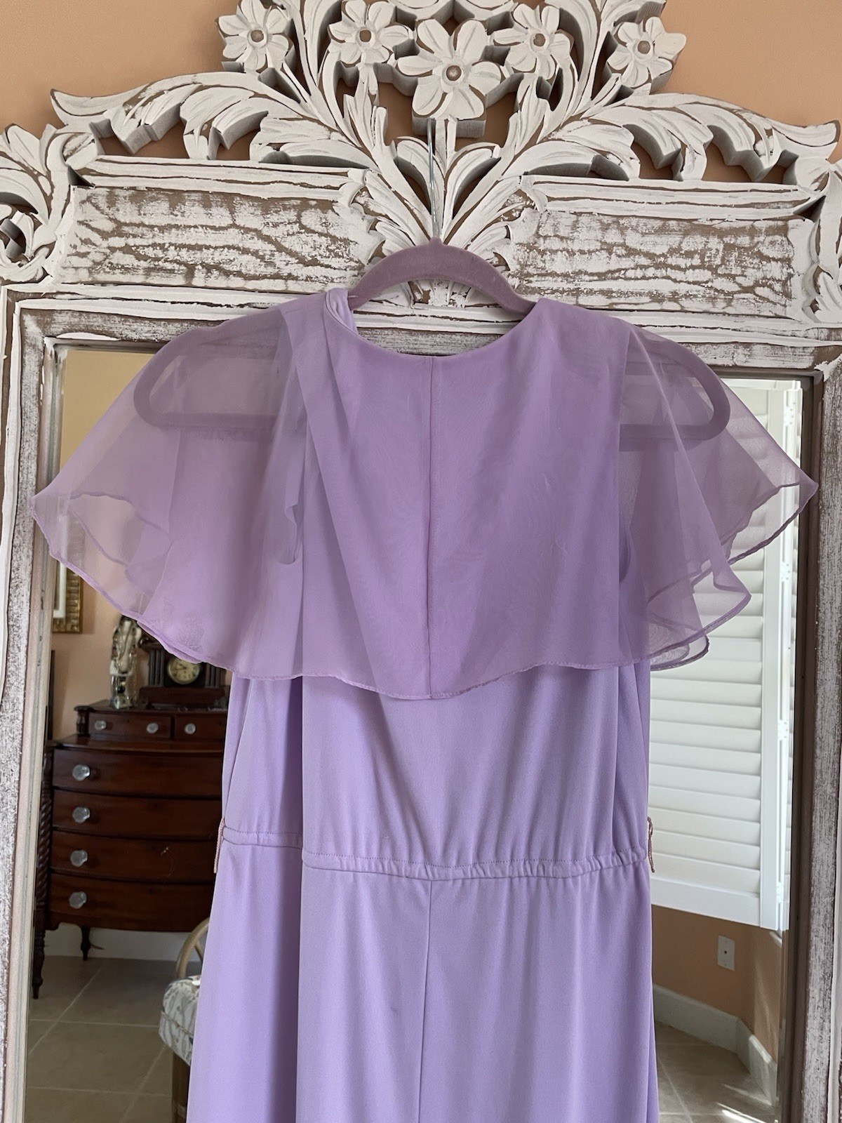 Vintage 70s Sheer Poly Lavender Sleeveless Flutter Cape Maxi Dress S/M