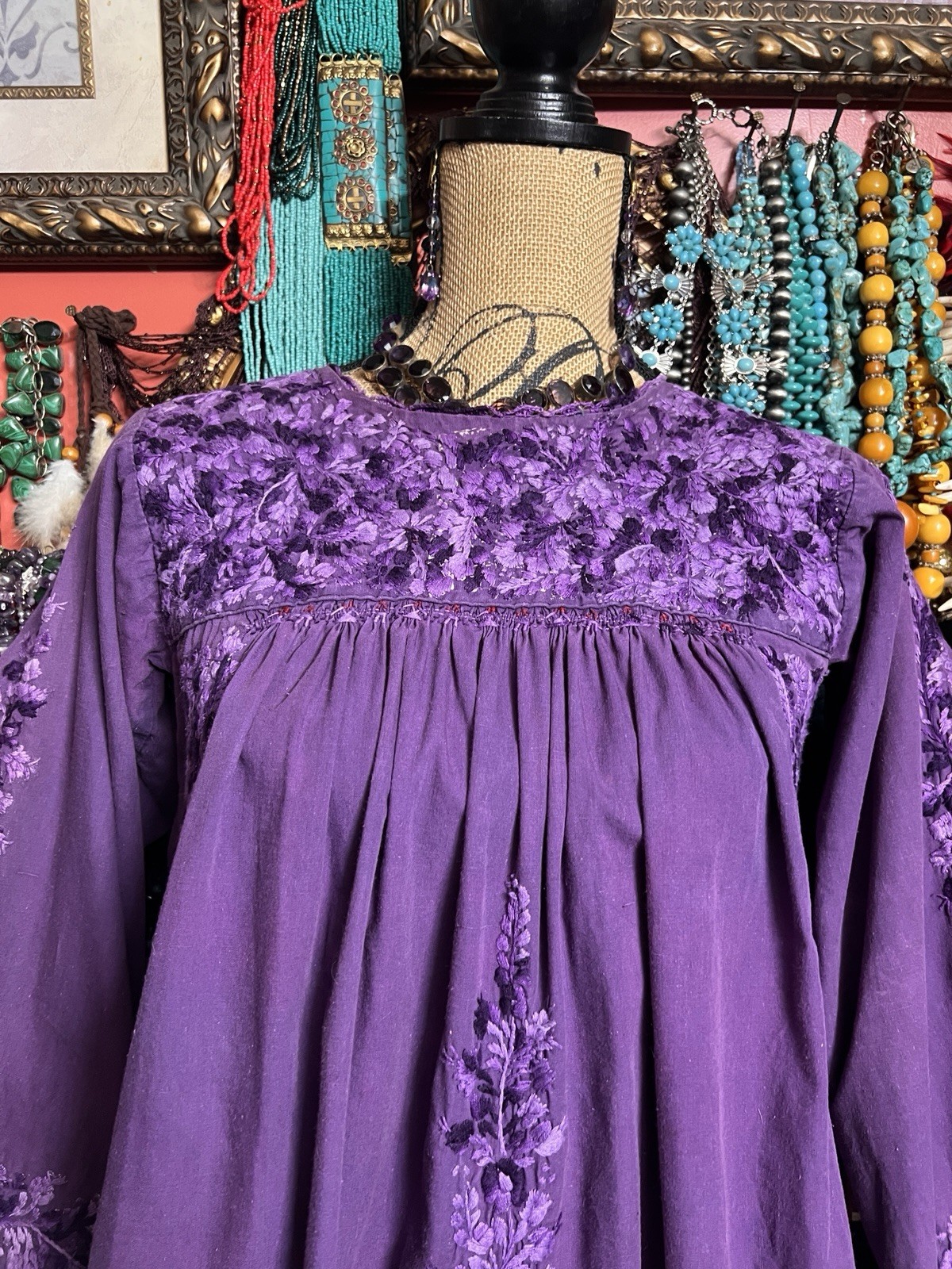 Gorgeous 1970s Oaxaca Mexico Purple Long Sleeve Dress Multi Embroidery M